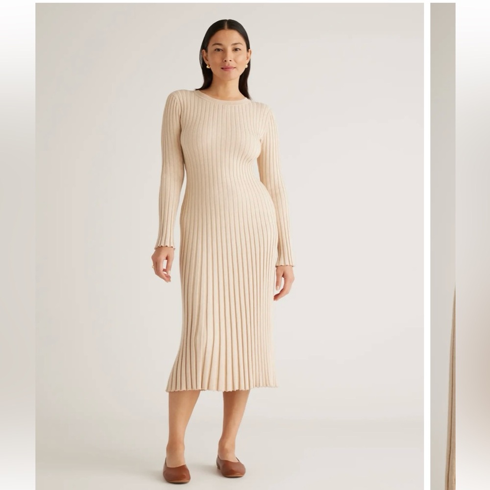 Cotton Cashmere Ribbed Long Sleeve Crew Midi Dress